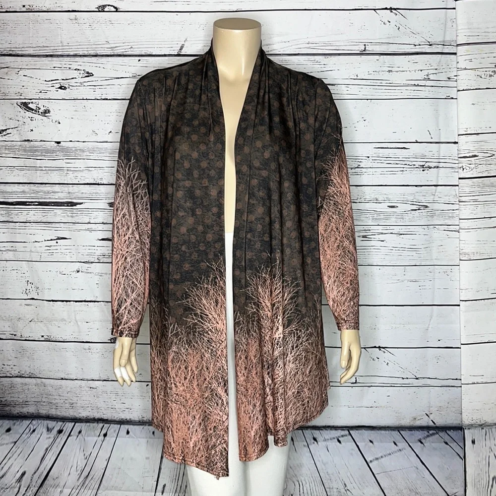 Lily by Firmiana 1X Open-Front Women's Cardigan in Brown and Peach